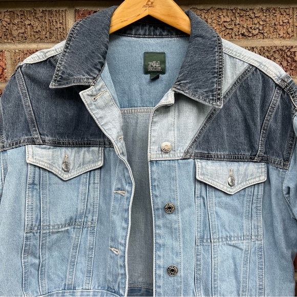Wild Fable Dark Denim Light Denim and Medium Denim Patchwork Cropped Jacket - Picture 2 of 3